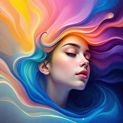 The primary subject of the image is a woman with long hair, who is the main focus of the scene. She is depicted in a colorful, artistic manner, with her hair flowing in a vibrant blue and purple hue. The setting is a colorful, abstract background that complements the woman's appearance. The visual style of the image is a combination of photo and digital art, creating a unique and eye-catching representation of the woman. The colors and mood of the image are lively and